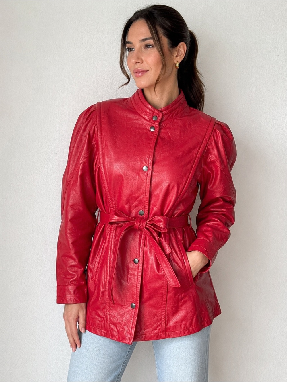 Vintage Genuine Leather Red Belted Jacket Women’s Size 16 Made in Korea 80s 90s